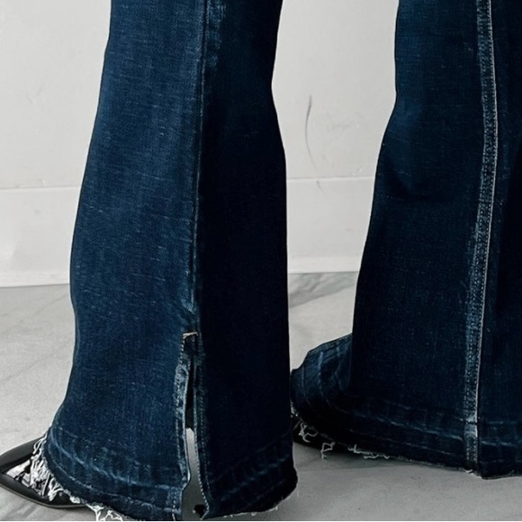 New KanCan Flare Jeans Dark Wash Side Slit High Rise Release Hem - Picture 4 of 6
